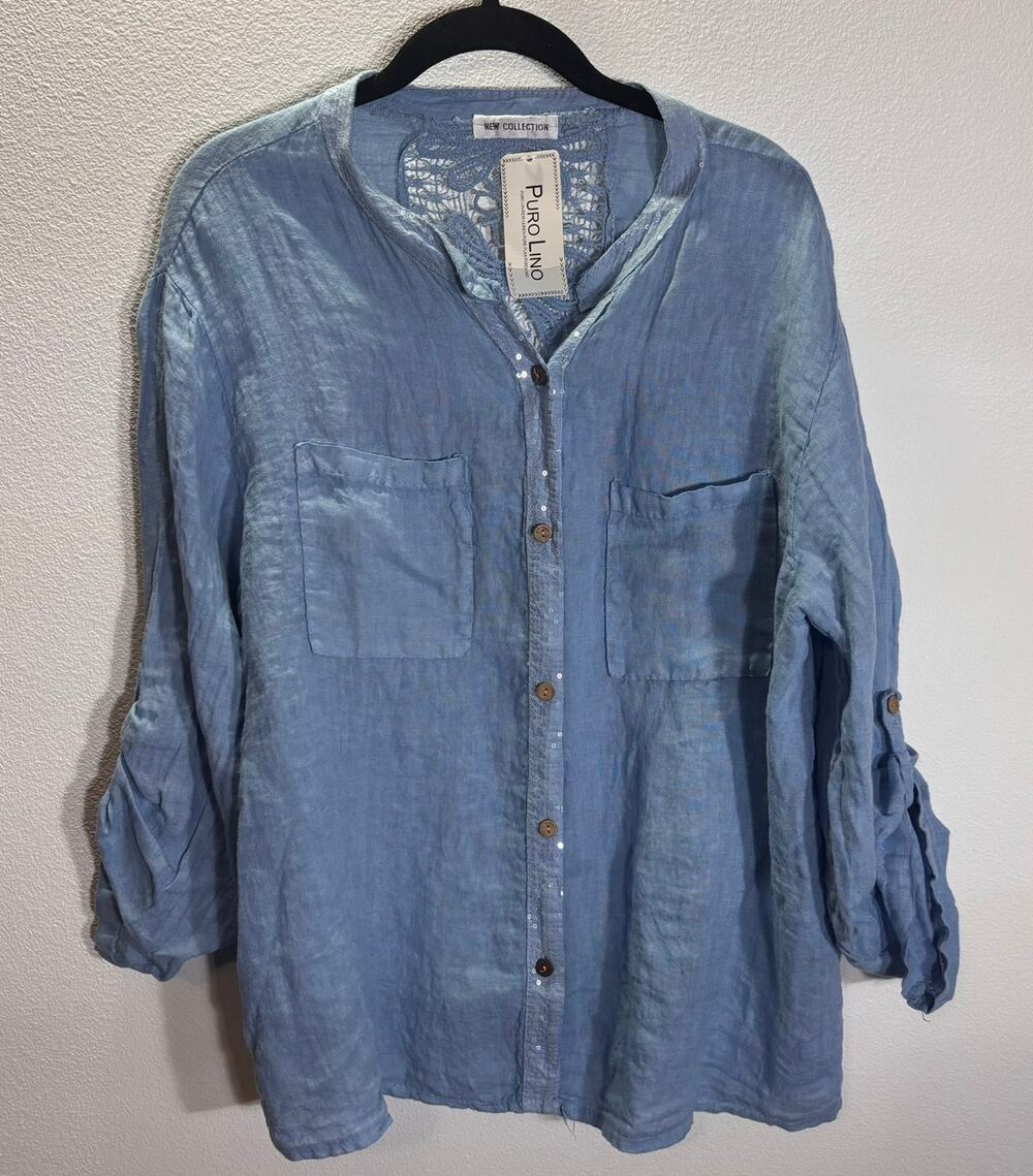 Puro Lino Italy Blue 100% Linen Lace Button Tunic Top Boho Womens L XL